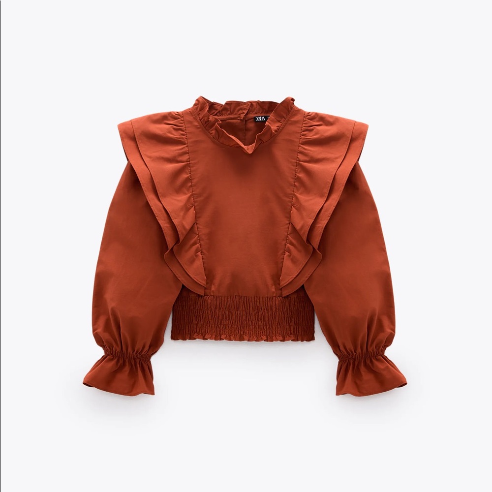 ZARA - RUFFLED POPLIN SHIRT - Burnt Orange - Picture 7 of 11